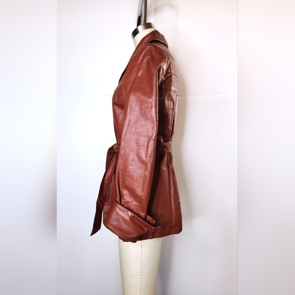 70s Brown Leather Coat Jacket Trench Coat Jacket Belted Quilted Lining XXS XS - Picture 10 of 12